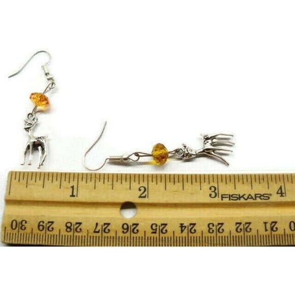 3D Deer Yellow Bead Silver Tone Vertical Drop Dangle Hook Earrings Womans - Picture 5 of 5
